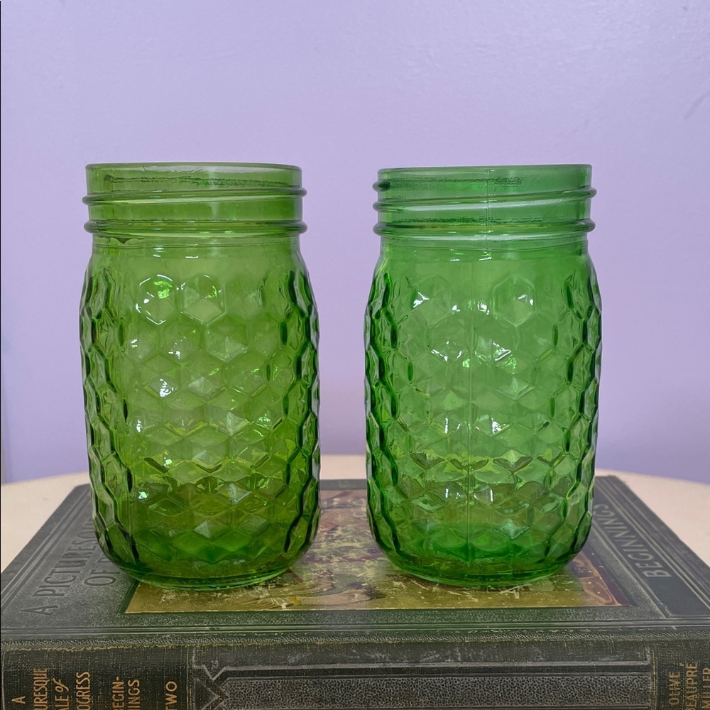 Green Textured Glass Jars - Set of 2
